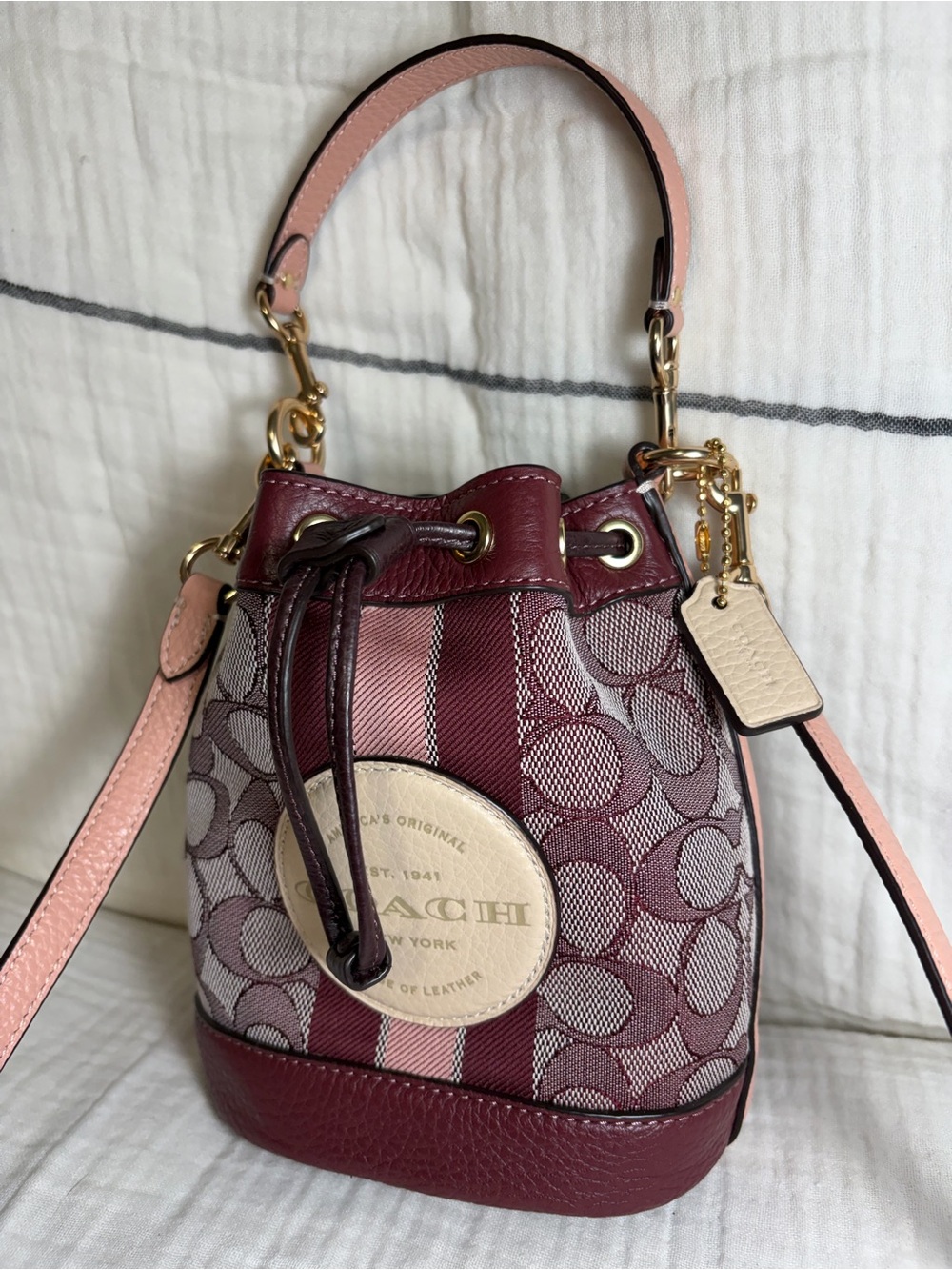 Coach Mini Dempsey Bucket Bag Burgundy and Pink